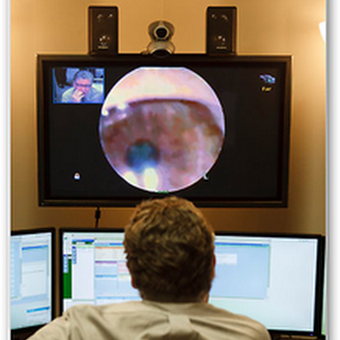 Ein Telemedizin-Setup zeigt ein großes medizinisches Bild (anscheinend eine endoskopische Ansicht) auf einem Hauptbildschirm, während ein kleiner Einschub einen entfernten Arzt zeigt. Unten überwacht eine medizinische Fachkraft Computerbildschirme und veranschaulicht Ferndiagnosefähigkeiten und Konsultationen.